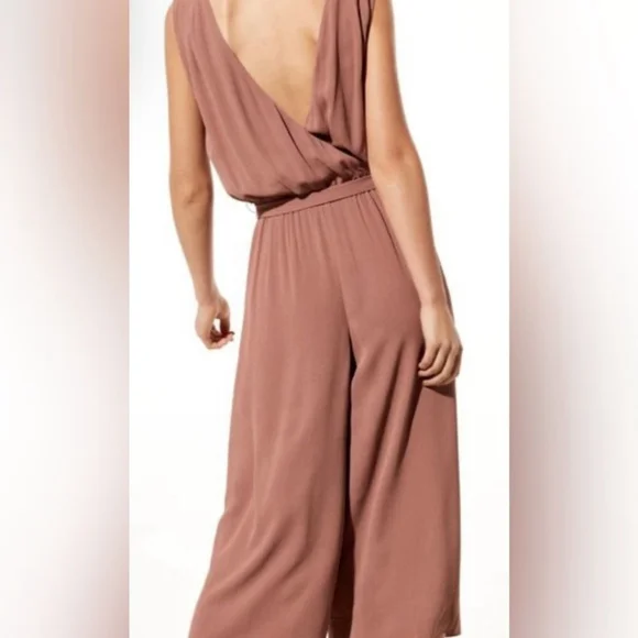 Aritzia Babaton Maximillian Wide Leg V-Neck Culotte Jumpsuit in Taupe - Picture 3 of 12